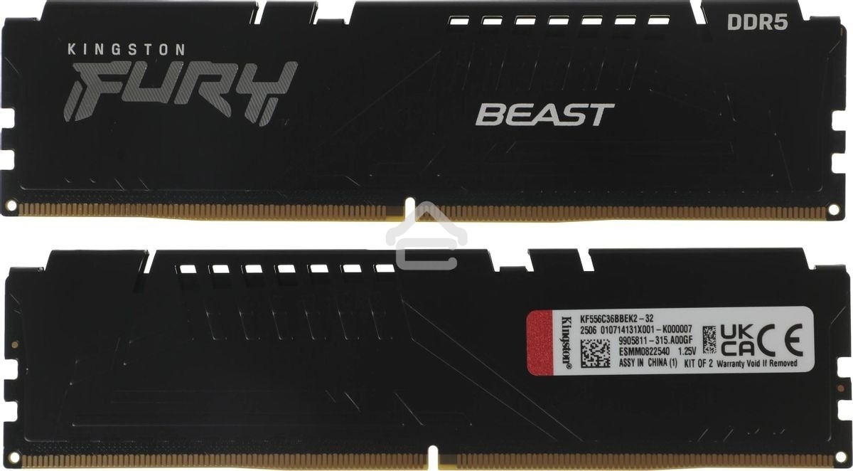 Оперативная память Kingston Fury Beast, DDR5, 32GB (2x16GB), 5600MHz, CL36, DIMM, с радиаторами, черный