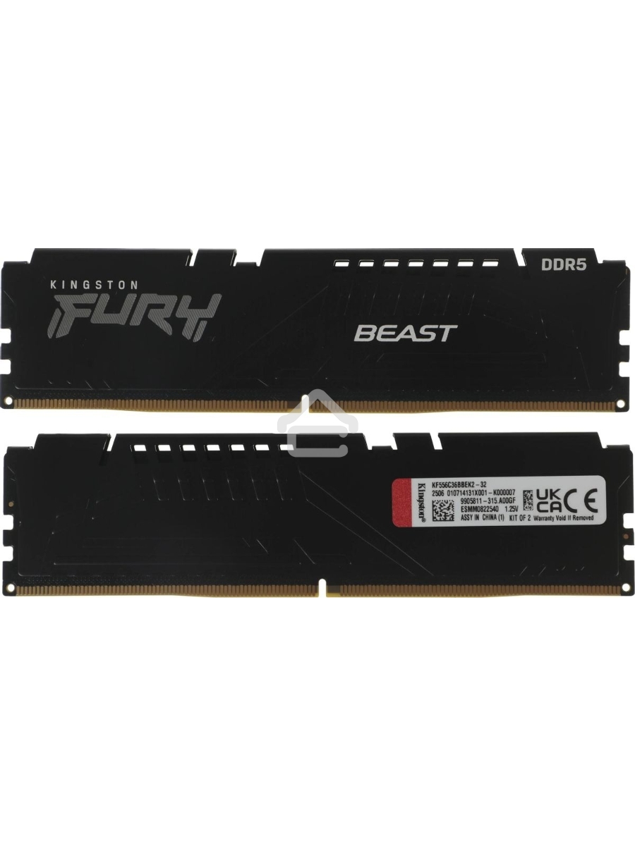 Оперативная память Kingston Fury Beast, DDR5, 32GB (2x16GB), 5600MHz, CL36, DIMM, с радиаторами, черный