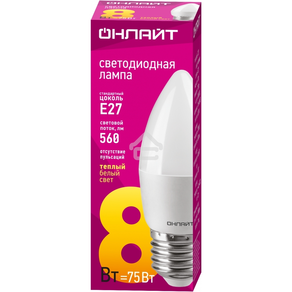 Лампа светодиодная ОНЛАЙТ 71634 OLL-C37-8-230-2.7K-E27-FR 8Вт свеча 2700К теплый белый E27 560лм 176-264В