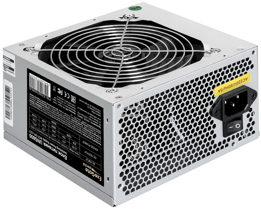 Блок питания ExeGate UNS800, 800W, (ATX, SC, 12cm fan, 24pin, 2x(4+4)pin, 2xPCI-E, 5xSATA, 3xIDE, кабель 220V 1,8м с защитой от выдергивания)