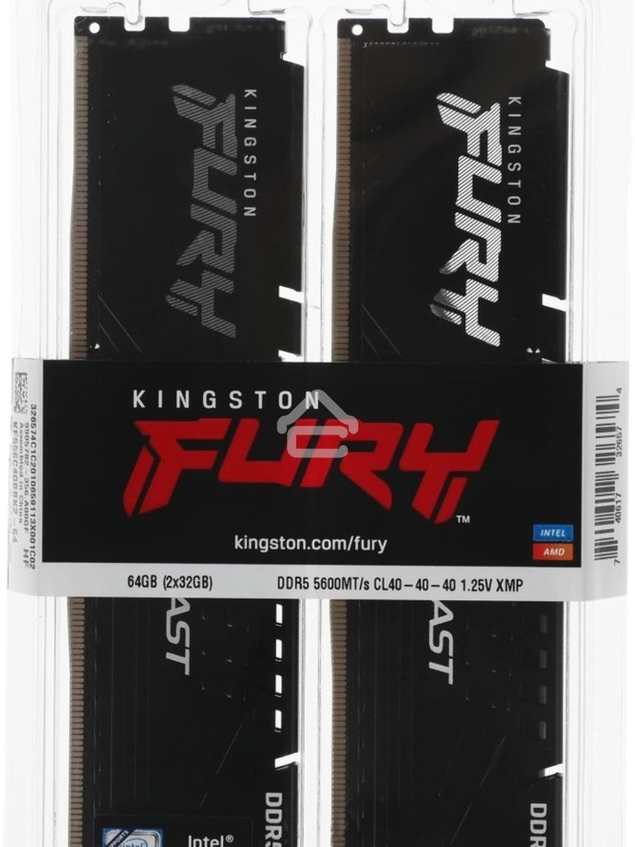 Оперативная память Kingston Fury Beast, DDR5, 64GB (2x32GB), 5600MHz, CL40, DIMM, радиатор, чёрный