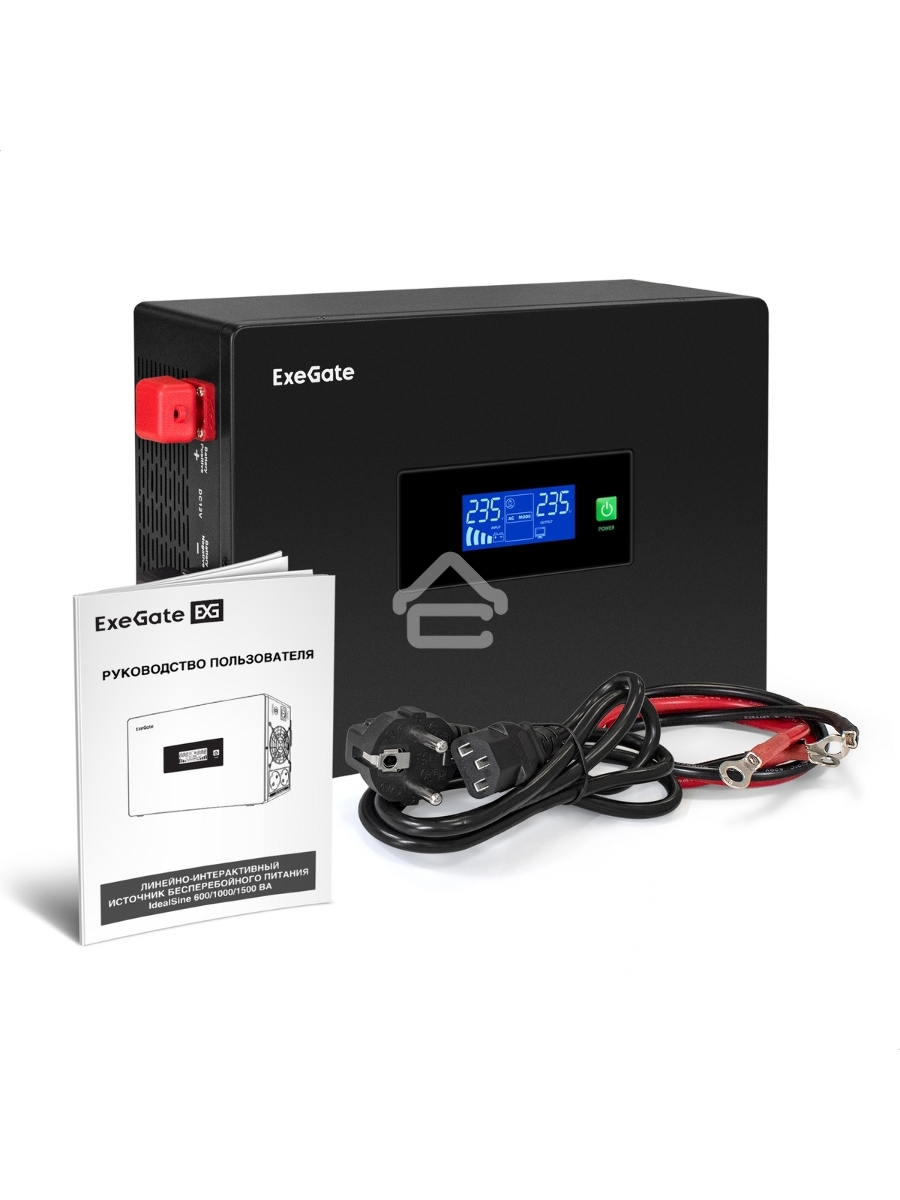 Комплект Источник бесперебойного питания EX295992RUS + батарея 45Aч EX285666RUS 1шт (инвертор, синус, для котла, PF=1, настенный) ExeGate IdealSine SR-600.LCD.2SH <600VA/600W, чистая синусоида, цветной LCD-дисплей, 2*Schuko, крепление настенное, Black> + 