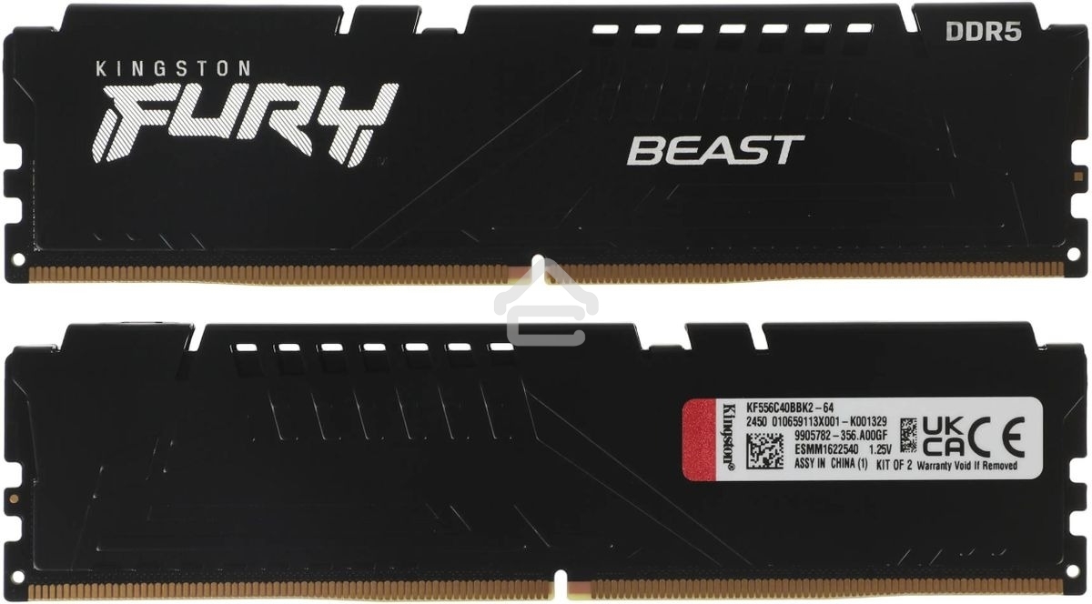Оперативная память Kingston Fury Beast, DDR5, 64GB (2x32GB), 5600MHz, CL40, DIMM, радиатор, черный