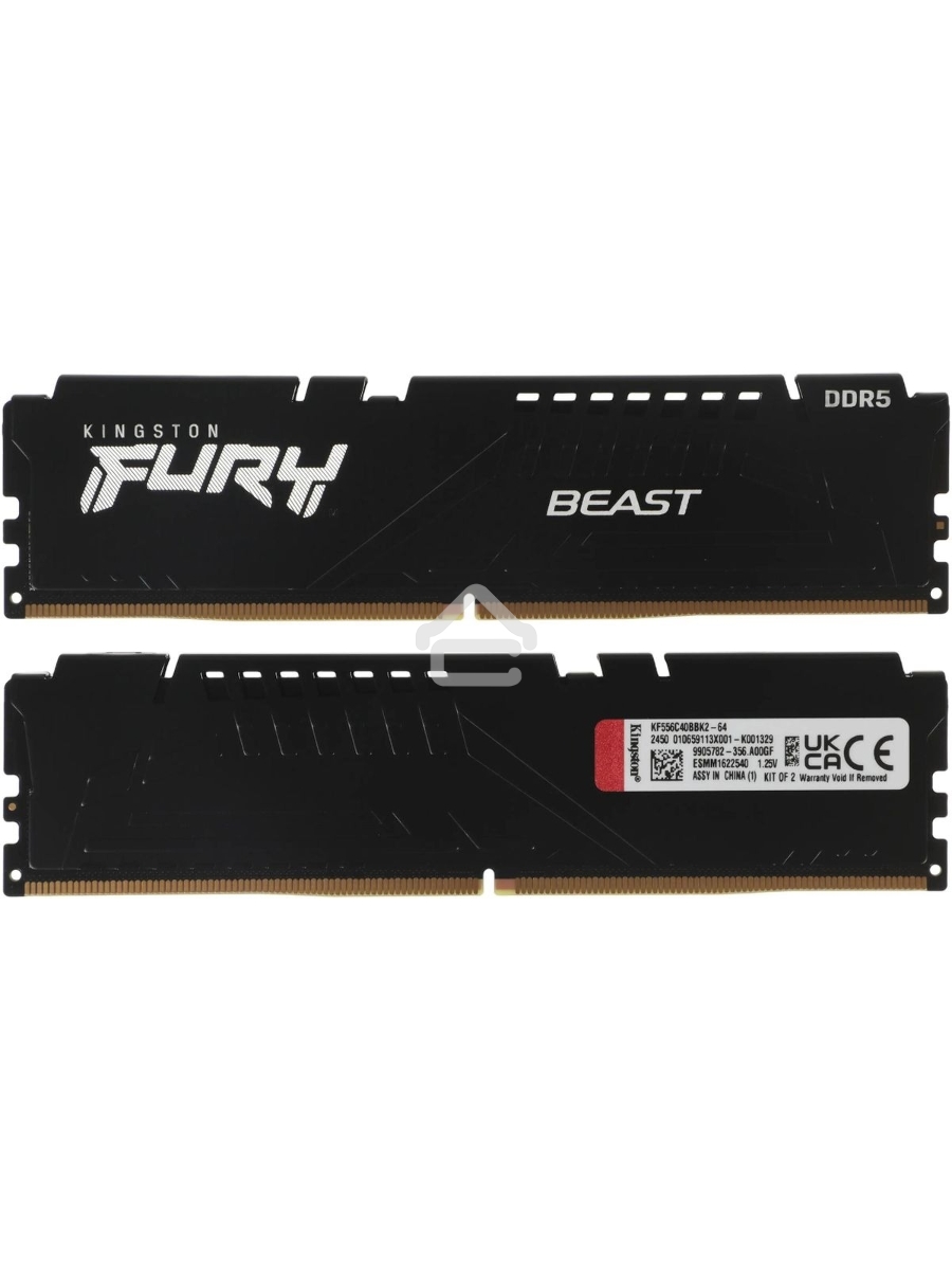 Оперативная память Kingston Fury Beast, DDR5, 64GB (2x32GB), 5600MHz, CL40, DIMM, радиатор, чёрный