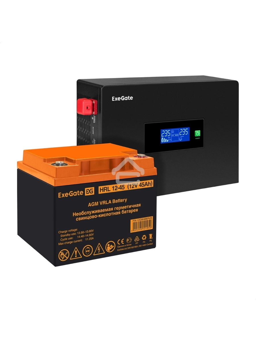 Комплект Источник бесперебойного питания EX295992RUS + батарея 45Aч EX285666RUS 1шт (инвертор, синус, для котла, PF=1, настенный) ExeGate IdealSine SR-600.LCD.2SH <600VA/600W, чистая синусоида, цветной LCD-дисплей, 2*Schuko, крепление настенное, Black> + 