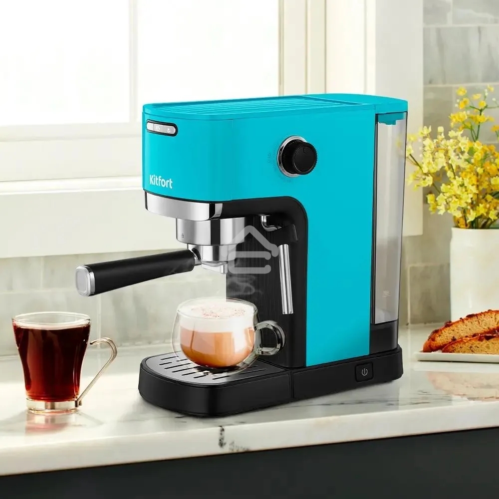 Кофеварка рожковая Kitfort КТ-7461 бирюзовый/черный, исп. кофе - молотый, 1.2 л, 1350 Вт, 20 бар