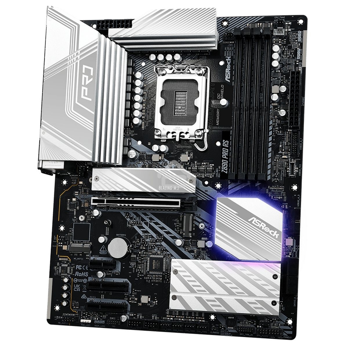 Материнская плата ASROCK Z890 PRO RS, LGA1851, Intel Z890, 4xDDR5, 4xSATA, 4xM.2, 1xPCIe 5.0 x16, 2xThunderbolt 4, 1xUSB-A 3.2 Gen 2, 6xUSB-A 3.2 Gen 1, 4xUSB 2.0, 1xHDMI, 1xDP, 1x2.5Gb LAN, 3x3.5 мм, 7.1, ATX