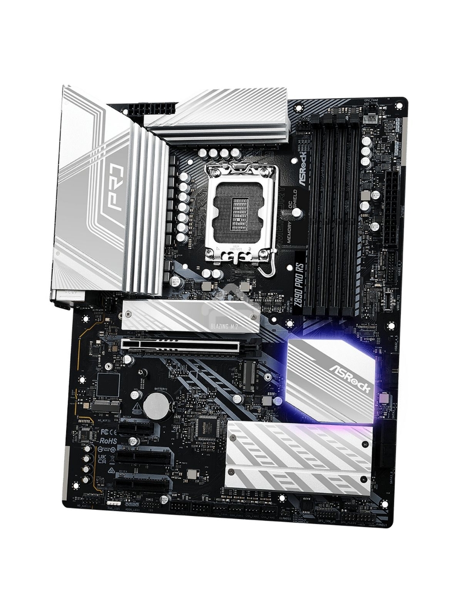Материнская плата ASROCK Z890 PRO RS, LGA1851, Intel Z890, 4xDDR5, 4xSATA, 4xM.2, 1xPCIe 5.0 x16, 2xThunderbolt 4, 1xUSB-A 3.2 Gen 2, 6xUSB-A 3.2 Gen 1, 4xUSB 2.0, 1xHDMI, 1xDP, 1x2.5Gb LAN, 3x3.5 мм, 7.1, ATX