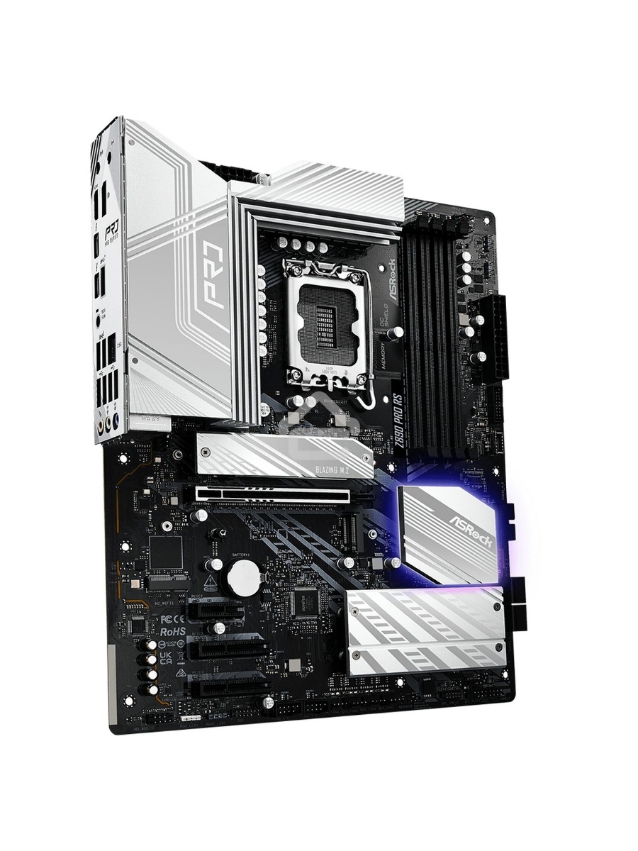 Материнская плата ASROCK Z890 PRO RS, LGA1851, Intel Z890, 4xDDR5, 4xSATA, 4xM.2, 1xPCIe 5.0 x16, 2xThunderbolt 4, 1xUSB-A 3.2 Gen 2, 6xUSB-A 3.2 Gen 1, 4xUSB 2.0, 1xHDMI, 1xDP, 1x2.5Gb LAN, 3x3.5 мм, 7.1, ATX