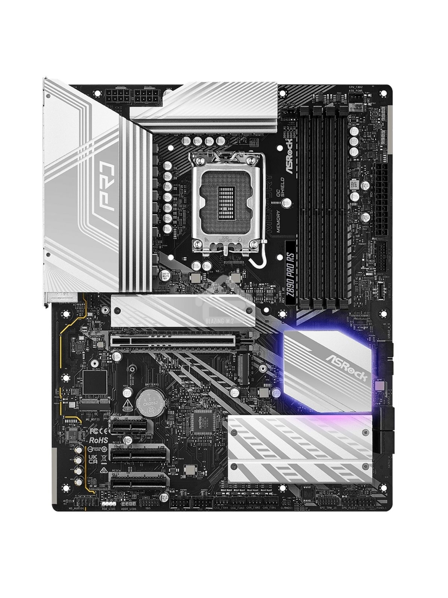 Материнская плата ASROCK Z890 PRO RS, LGA1851, Intel Z890, 4xDDR5, 4xSATA, 4xM.2, 1xPCIe 5.0 x16, 2xThunderbolt 4, 1xUSB-A 3.2 Gen 2, 6xUSB-A 3.2 Gen 1, 4xUSB 2.0, 1xHDMI, 1xDP, 1x2.5Gb LAN, 3x3.5 мм, 7.1, ATX