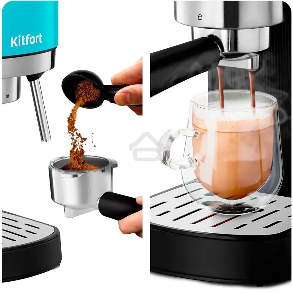 Кофеварка рожковая Kitfort КТ-7461 бирюзовый/черный, исп. кофе - молотый, 1.2 л, 1350 Вт, 20 бар