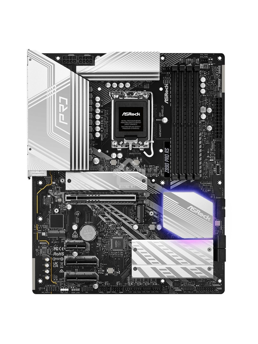 Материнская плата ASROCK Z890 PRO RS, LGA1851, Intel Z890, 4xDDR5, 4xSATA, 4xM.2, 1xPCIe 5.0 x16, 2xThunderbolt 4, 1xUSB-A 3.2 Gen 2, 6xUSB-A 3.2 Gen 1, 4xUSB 2.0, 1xHDMI, 1xDP, 1x2.5Gb LAN, 3x3.5 мм, 7.1, ATX