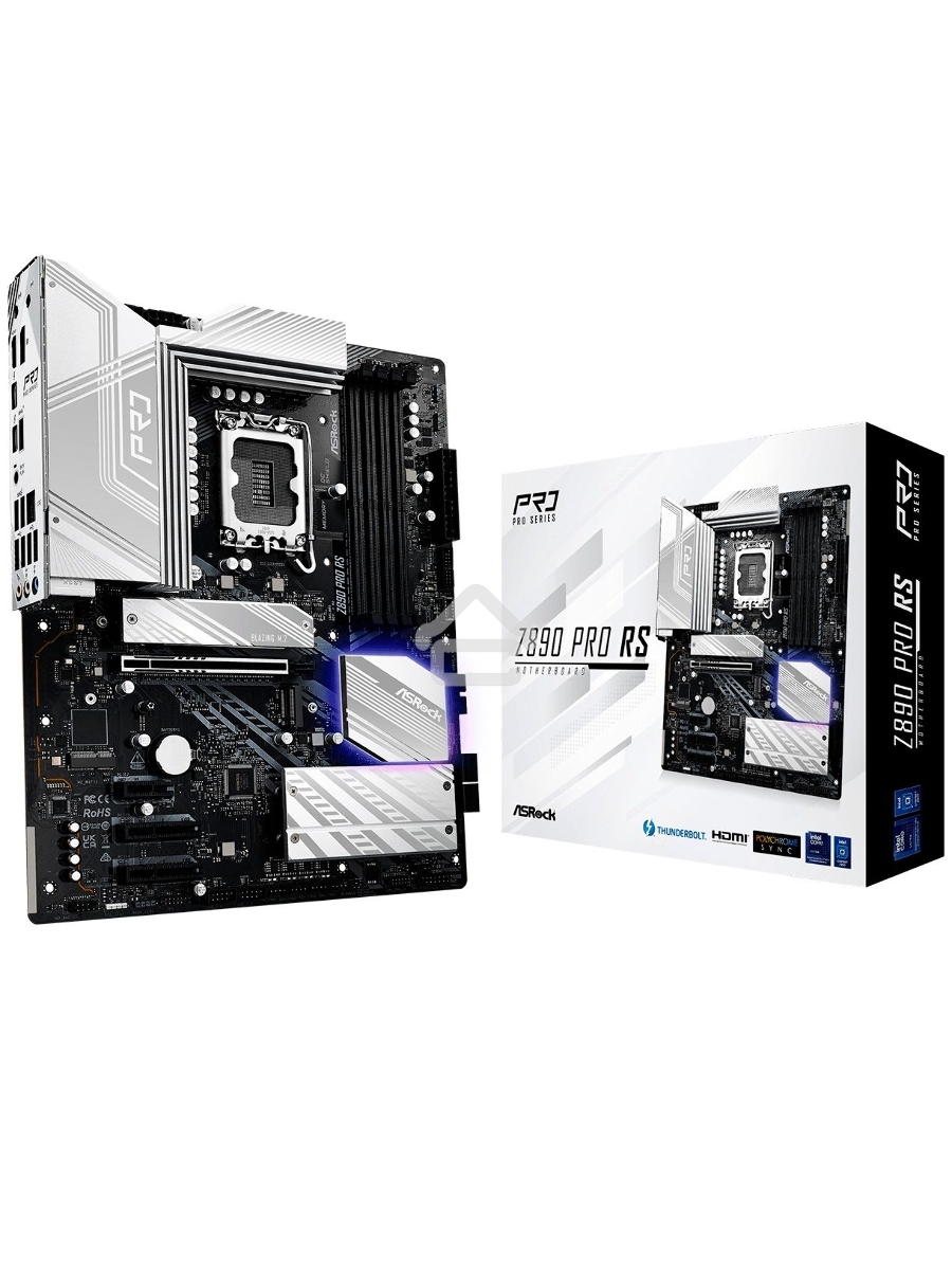 Материнская плата ASROCK Z890 PRO RS, LGA1851, Intel Z890, 4xDDR5, 4xSATA, 4xM.2, 1xPCIe 5.0 x16, 2xThunderbolt 4, 1xUSB-A 3.2 Gen 2, 6xUSB-A 3.2 Gen 1, 4xUSB 2.0, 1xHDMI, 1xDP, 1x2.5Gb LAN, 3x3.5 мм, 7.1, ATX