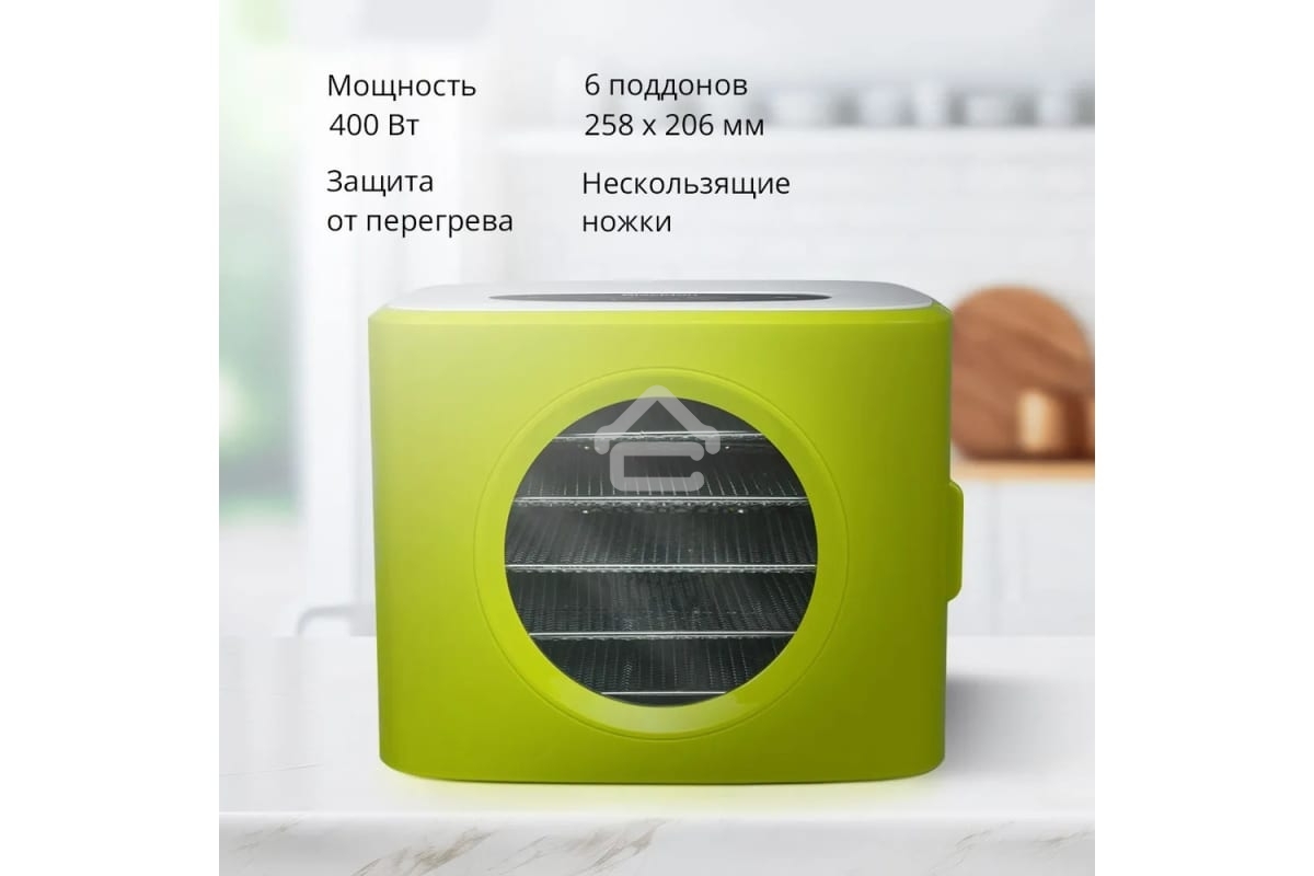 Сушилка для овощей и фруктов Blackton Bt FD1113 зеленый-белый, Мощность 400 Вт, Регулировка температуры 35-80 °С, Таймер 1-72 часа