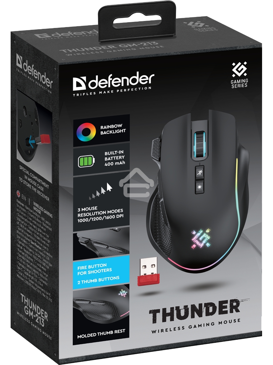Мышь беспроводная Defender Thunder GM-213 черный, 1600 dpi, радиоканал, USB, кнопки - 8