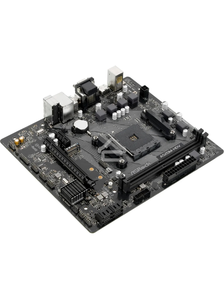 Материнская плата ASRock A520M-HDV, AM4, AMD A520, 2xDDR4, 4xSATA, 1xM.2, 1xPCIe 3.0 x16, 1xPCIe 3.0 x1, 1xDVI-D, 1xHDMI, 1xVGA, 1x 1Gb LAN, 3x3.5 мм, 7.1, mATX