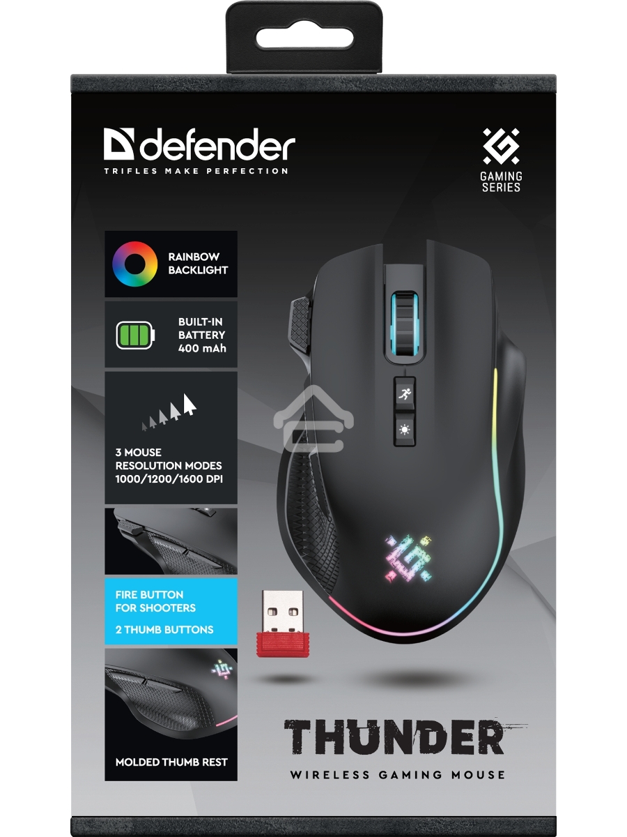 Мышь беспроводная Defender Thunder GM-213 черный, 1600 dpi, радиоканал, USB, кнопки - 8