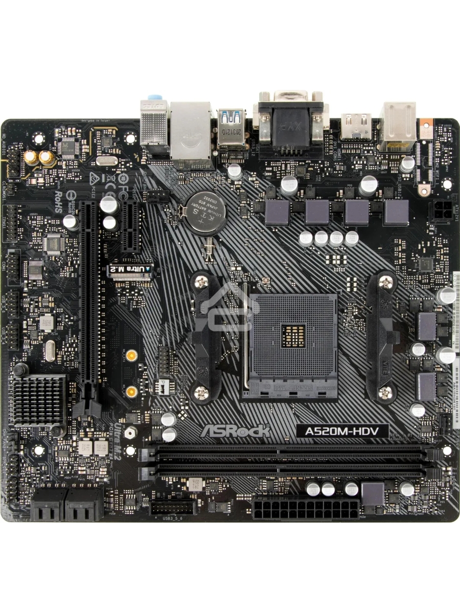 Материнская плата ASRock A520M-HDV, AM4, AMD A520, 2xDDR4, 4xSATA, 1xM.2, 1xPCIe 3.0 x16, 1xPCIe 3.0 x1, 1xDVI-D, 1xHDMI, 1xVGA, 1x 1Gb LAN, 3x3.5 мм, 7.1, mATX