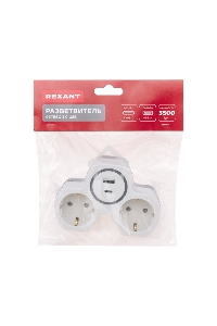 Двойник Rexant электрический (разветвитель) 16А с/з + USB-A + USB-C с защитными шторками, белый
