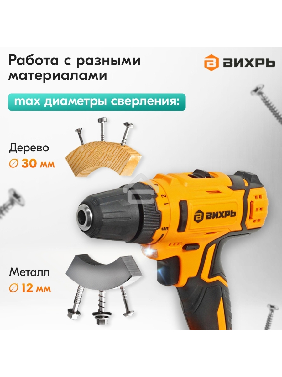 Дрель-шуруповерт аккумуляторная Вихрь ДА-К20/2Н с набором оснастки 65 предм.