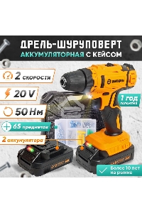 Дрель-шуруповерт аккумуляторная Вихрь ДА-К20/2Н с набором оснастки 65 предм.