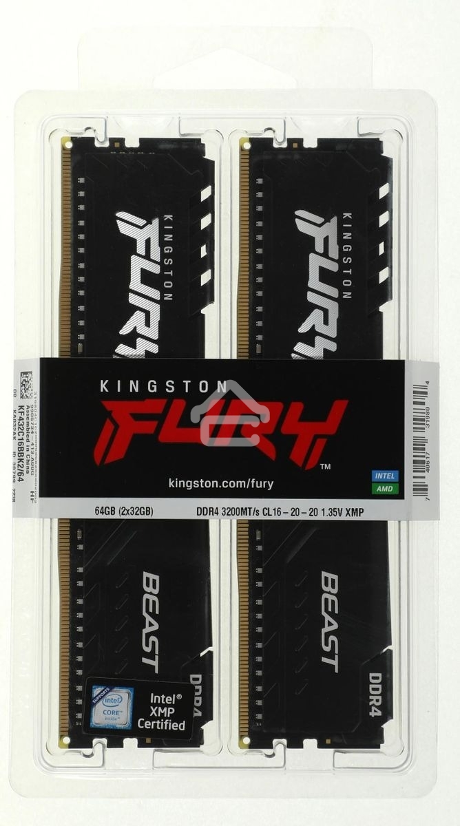 Оперативная память Kingston Fury Beast, DDR4, 64GB (2x32GB), 3200MHz, CL16, DIMM, черный