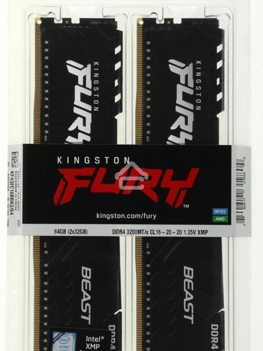 Оперативная память Kingston Fury Beast, DDR4, 64GB (2x32GB), 3200MHz, CL16, DIMM, чёрный