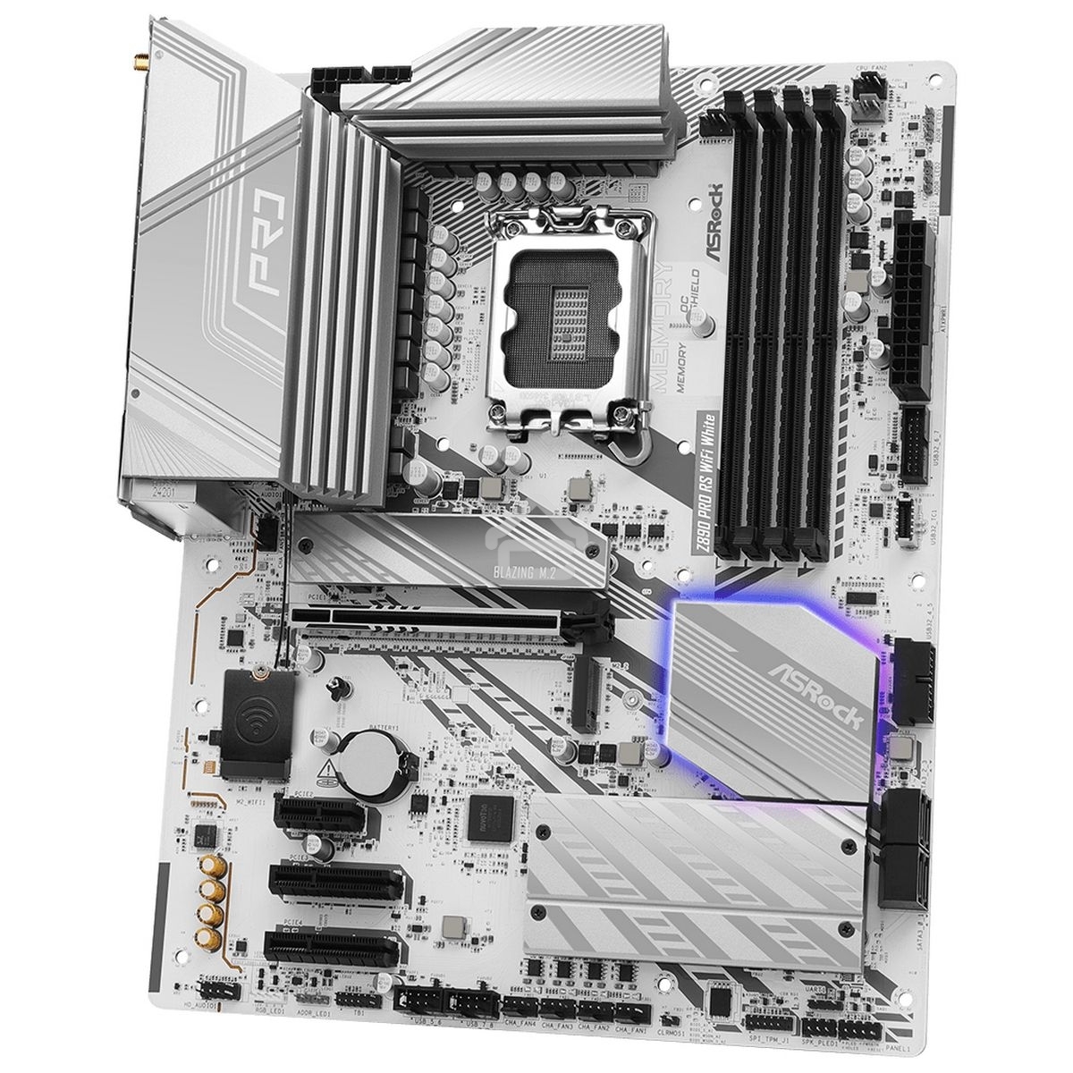 Материнская плата ASRock Z890 Pro RS WiFi White, LGA 1851, Intel Z890, 4xDDR5, 4xSATA, 4xM.2, 1xPCIe 5.0 x16, 2xPCIe 4.0 x16, 1xPCIe x1, 2xUSB-C Thunderbolt 4, 4xUSB-A 3.2 Gen 1, 1xUSB-A 3.2 Gen 2, 1xHDMI, 1xDP, 1x2.5Gb LAN, 5x3.5 мм, 7.1, ATX