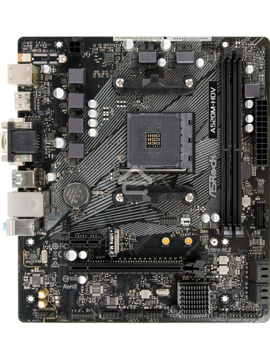 Материнская плата ASRock A520M-HDV, AM4, AMD A520, 2xDDR4, 4xSATA, 1xM.2, 1xPCIe 3.0 x16, 1xPCIe 3.0 x1, 1xDVI-D, 1xHDMI, 1xVGA, 1x 1Gb LAN, 3x3.5 мм, 7.1, mATX