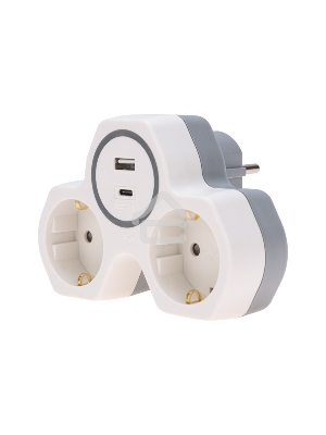 Двойник Rexant электрический (разветвитель) 16А с/з + USB-A + USB-C с защитными шторками, белый