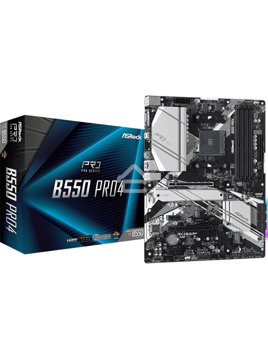 Материнская плата ASRock B550 Pro4, AM4, AMD B550, 4xDDR4, 6xSATA, 2xM.2, 1xPCIe 3.0 x16, 1xPCIe 4.0 x16, 1xHDMI, 1xVGA, 1x 1Gb LAN, 3x3.5 мм, 7.1, ATX