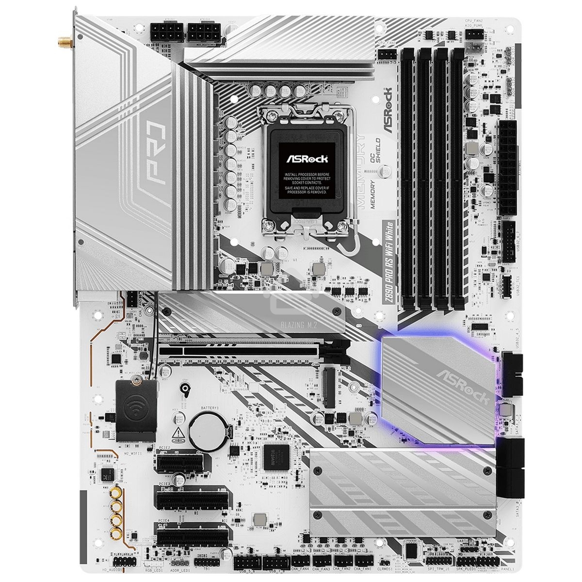 Материнская плата ASRock Z890 Pro RS WiFi White, LGA 1851, Intel Z890, 4xDDR5, 4xSATA, 4xM.2, 1xPCIe 5.0 x16, 2xPCIe 4.0 x16, 1xPCIe x1, 2xUSB-C Thunderbolt 4, 4xUSB-A 3.2 Gen 1, 1xUSB-A 3.2 Gen 2, 1xHDMI, 1xDP, 1x2.5Gb LAN, 5x3.5 мм, 7.1, ATX