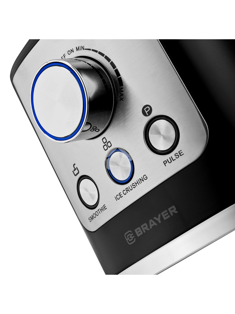 Блендер стационарный BRAYER BR1200BK 1800 Вт, стекл., 1,8 л, 6 титан. ножей, импульс, колка льда, серебристо-черный