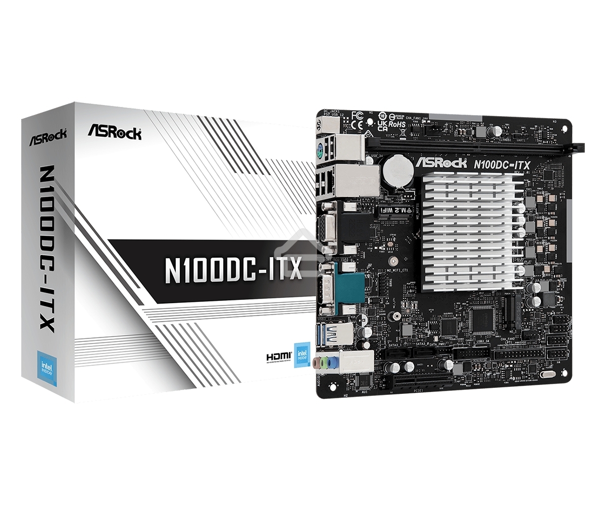 Материнская плата ASRock N100DC-ITX, BGA1264, Intel SoC, 1xDDR4, 2xSATA, 1xM.2, 1xPCIe 3.0 x4, 1xHDMI, 1xVGA, 1x 1Gb LAN, 2xUSB-A 3.2 Gen 1, 4xUSB-A 2.0, 3x3.5 мм, 7.1, Mini-ITX