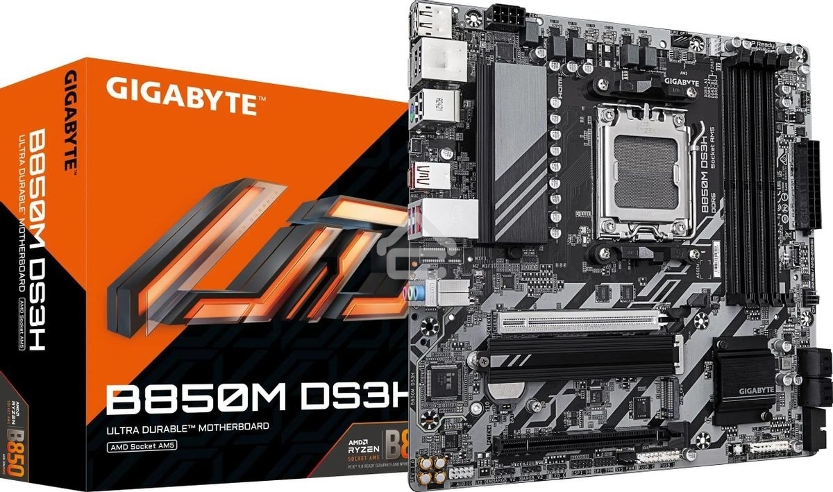 Материнская плата Gigabyte B850M DS3H, AM5, AMD B850, 4xDDR5, 4xSATA, 2xM.2, 1xPCIe 5.0 x16, 1xPCIe 3.0 x4, 1xHDMI, 2xDP, 1x 2.5Gb LAN, 3xUSB-A 3.2 Gen 1, 1xUSB-A 3.2 Gen 2, 4xUSB-A 2.0, 1xUSB-C 3.2 Gen 2, 3x3.5 мм, 7.1, mATX