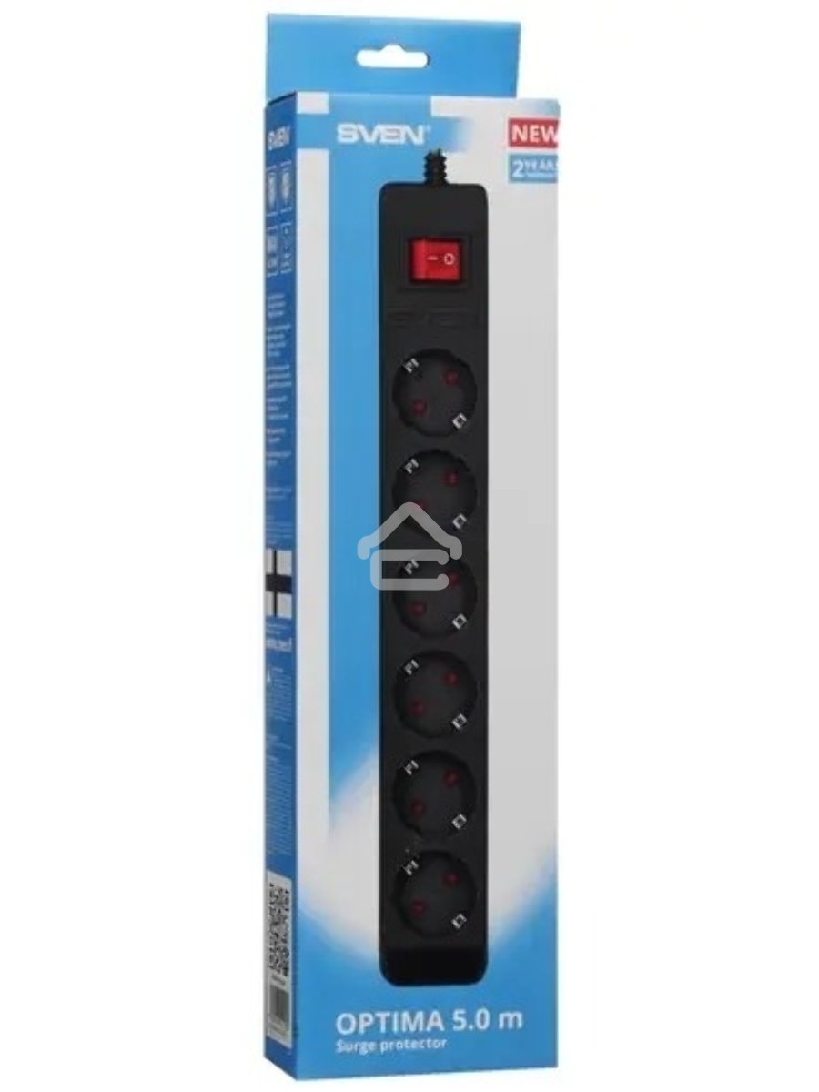 Фильтр SVEN Optima 5,0 м (6 розеток с защитными шторками) черный, цветная коробка