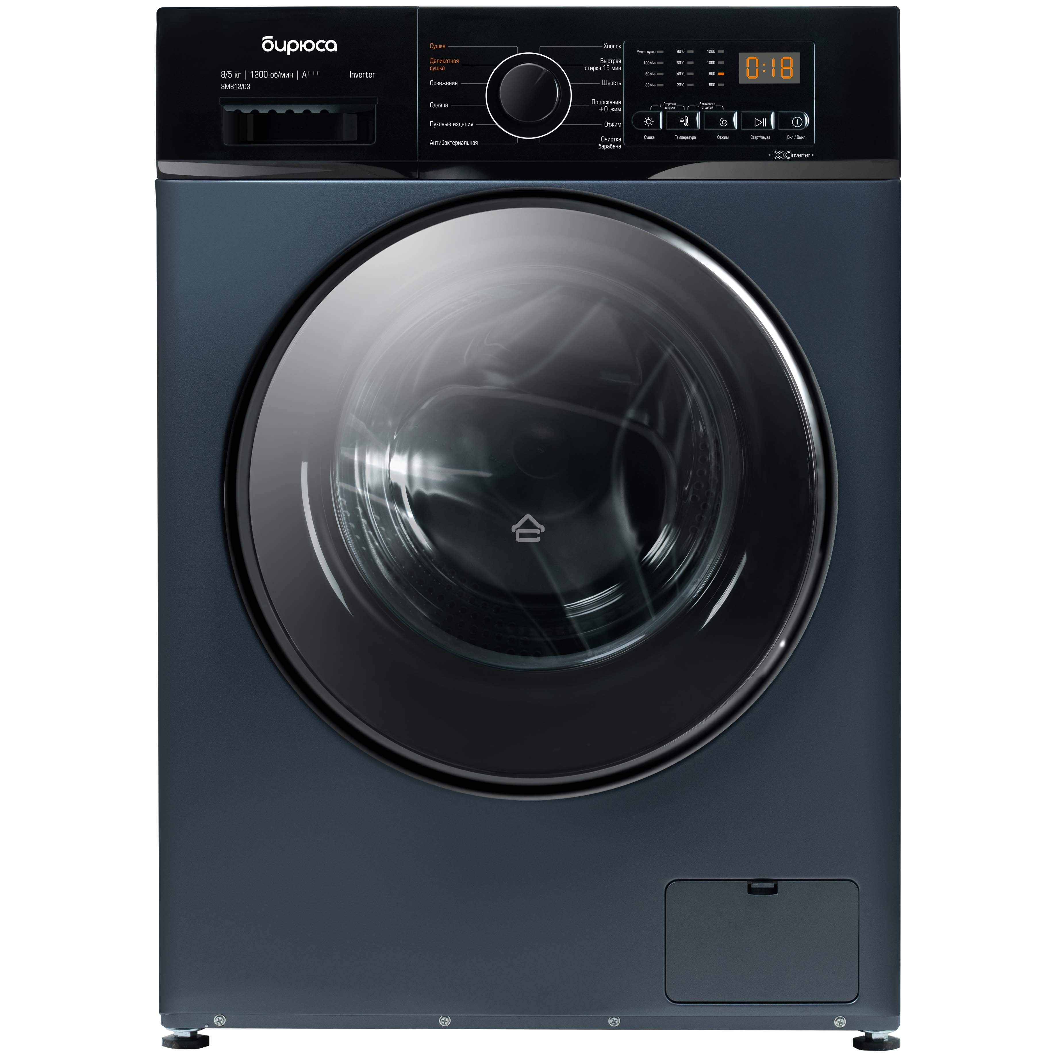 Стирально-сушильная машина Бирюса WMD-SM812/03 W перламутровый синий, загрузка фронтальная 8 кг, 1200 об/мин, класс: А+++
