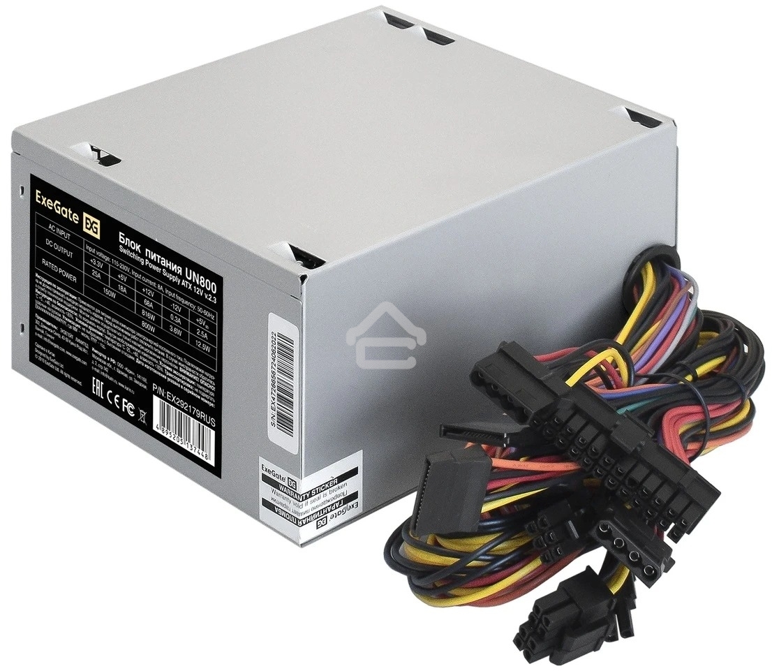 Блок питания ExeGate UN800, 800W, (ATX, SC, 12cm fan, 24pin, 2x(4+4)pin, 2xPCI-E, 5xSATA, 3xIDE, кабель 220V 1,8м с защитой от выдергивания)