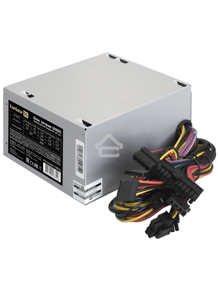 Блок питания ExeGate UN800, 800W, (ATX, SC, 12cm fan, 24pin, 2x(4+4)pin, 2xPCI-E, 5xSATA, 3xIDE, кабель 220V 1,8м с защитой от выдергивания)