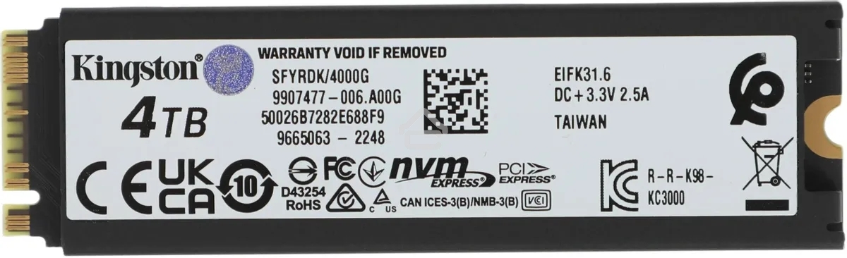Накопитель SSD Kingston Fury Renegade, 4Tb, PCIe 4.0 x4, M.2 2280, NVMe, R/W 7300/7000, с радиатором
