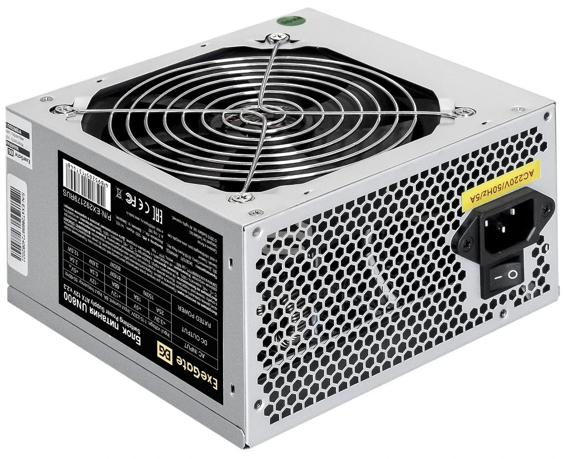Блок питания ExeGate UN800, 800W, (ATX, SC, 12cm fan, 24pin, 2x(4+4)pin, 2xPCI-E, 5xSATA, 3xIDE, кабель 220V 1,8м с защитой от выдергивания)