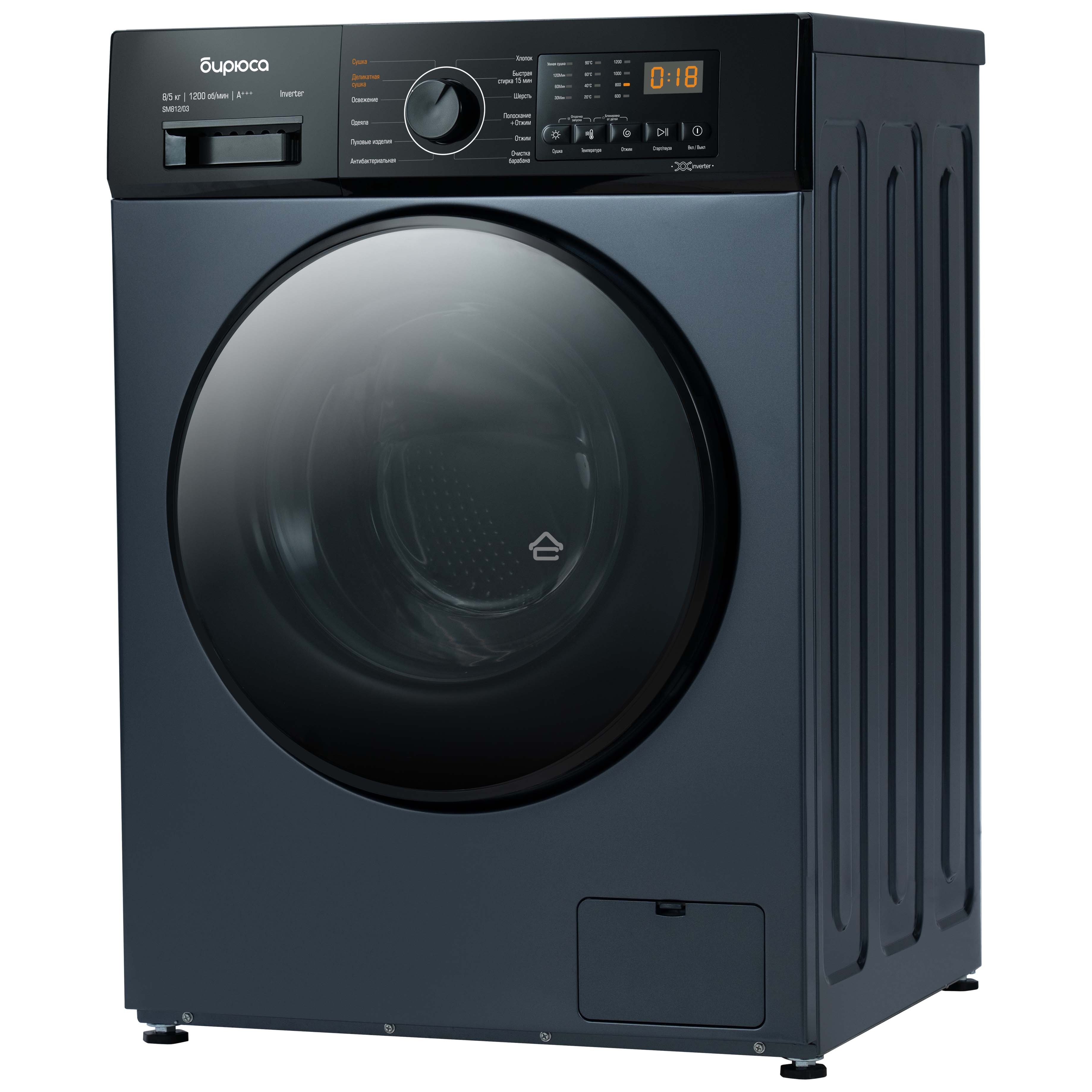 Стирально-сушильная машина Бирюса WMD-SM812/03 W перламутровый синий, загрузка фронтальная 8 кг, 1200 об/мин, класс: А+++