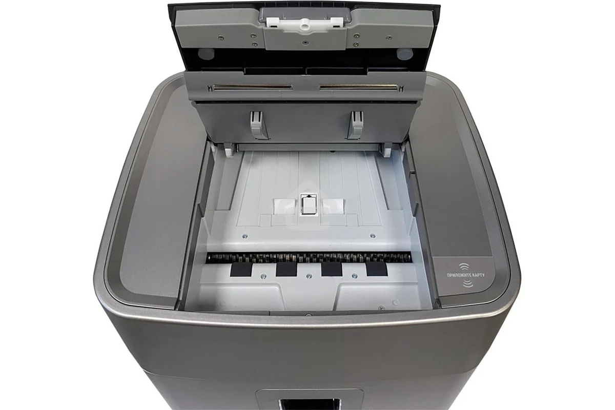 Шредер Office Kit SA375 серый/черный с автоподачей (секр.P-4) фрагменты 375лист. 42лтр. скрепки скобы пл.карты CD