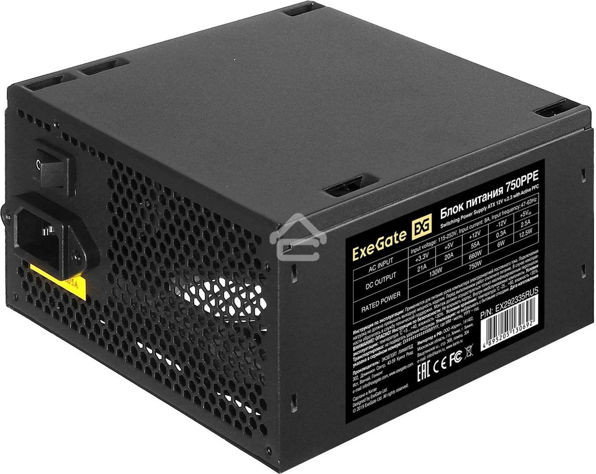 Блок питания ExeGate 750PPE, 750W, (ATX, APFC, PC, КПД 80% (80 PLUS), 12cm fan, 24pin, 2x(4+4)pin, 4xPCI-E, 6xSATA, 3xIDE, черный, кабель 220V в комплекте 1,8м)