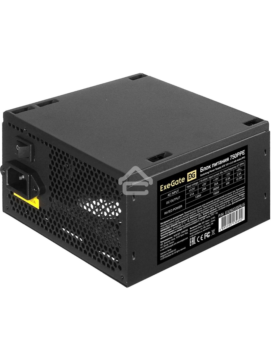 Блок питания ExeGate 750PPE, 750W, (ATX, APFC, PC, КПД 80% (80 PLUS), 12cm fan, 24pin, 2x(4+4)pin, 4xPCI-E, 6xSATA, 3xIDE, black, кабель 220V в комплекте 1,8м)