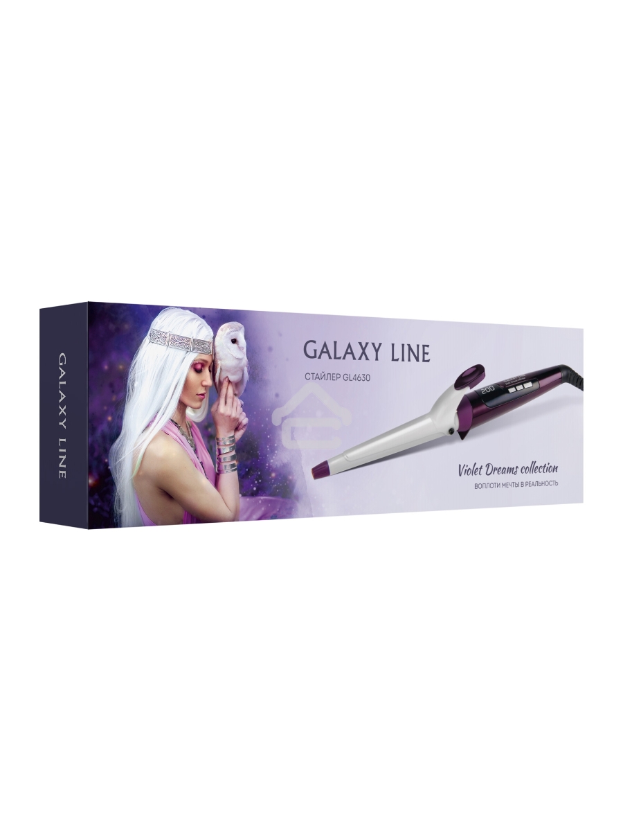 Стайлер Galaxy Line GL 4630, violet dreams, 45 Вт, двойное напряжение 110-240 В ~, керамико-кератиновое покрытие, регулировка температуры от 120 до 200°С, LED-дисплей, диаметр нагревательного элемента 13 мм-25 мм, термоизолированный наконечник