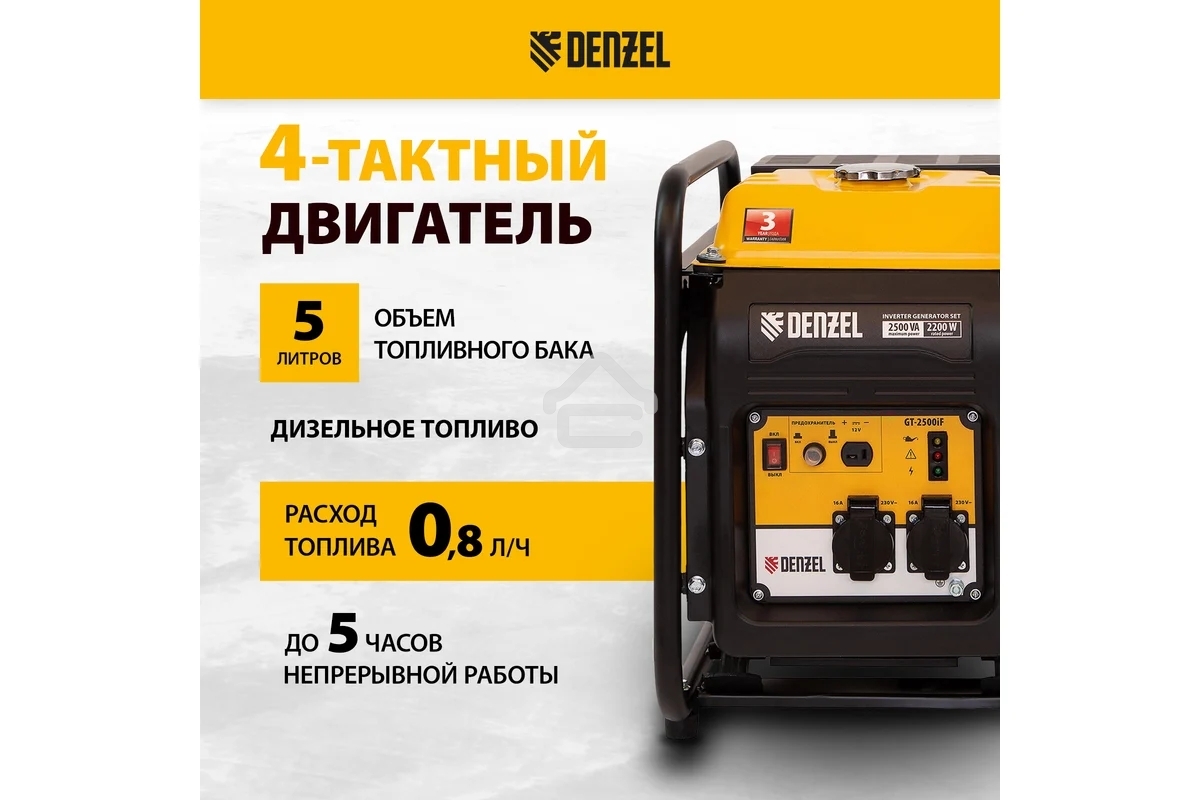Электрогенератор бензиновый инверторный Denzel GT-2500iF, 2.5 кВт, 96 дБ, 26 кг
