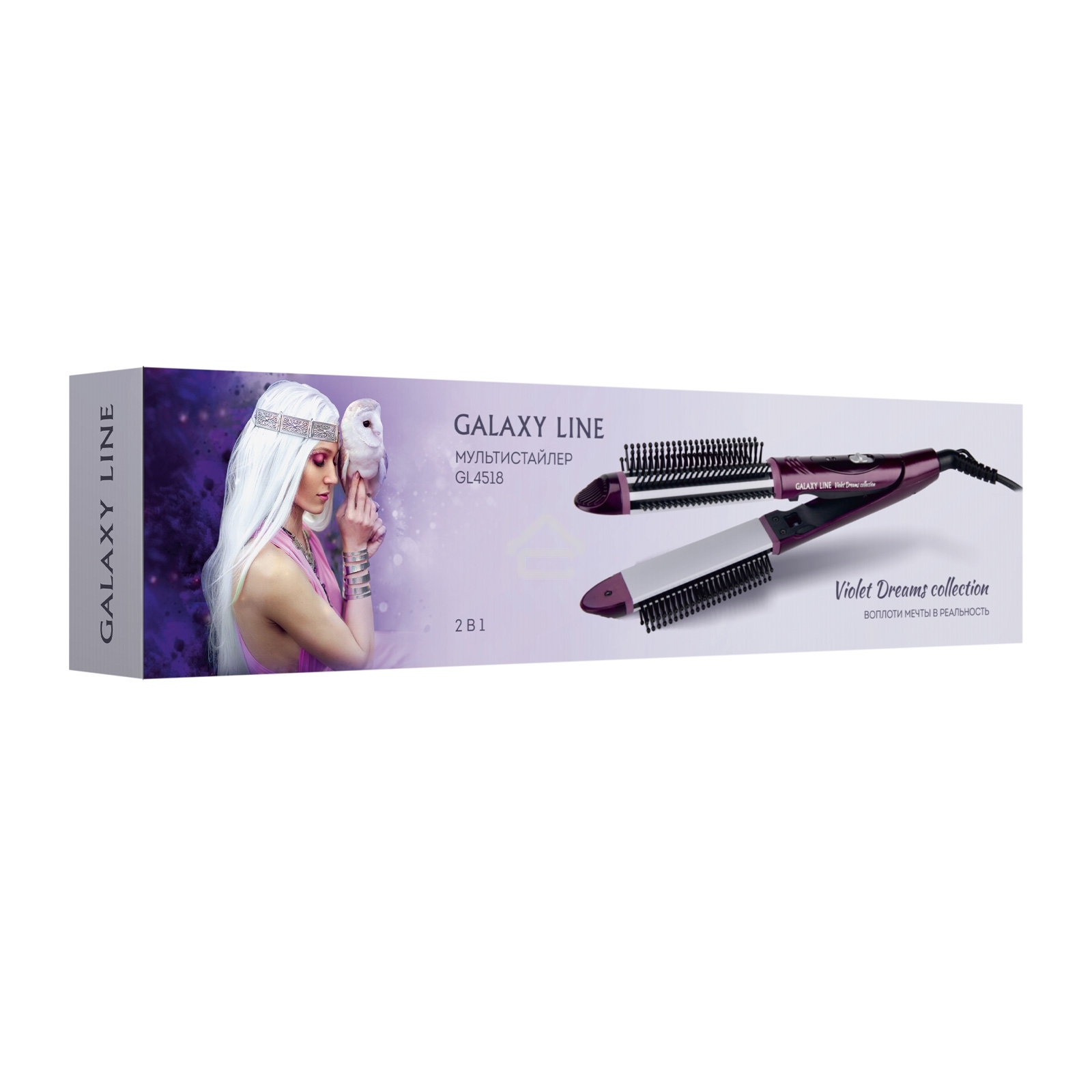 Мультистайлер Galaxy Line GL 4518, violet dreams, 60 Вт, двойное напряж. 110-240 В ~, переключатель режимов, фиксатор закрытого положения, максимальная температура 200°С, размеры пластин щипцов для выпрямления 100*28 мм, термоизолированный наконечник, диа