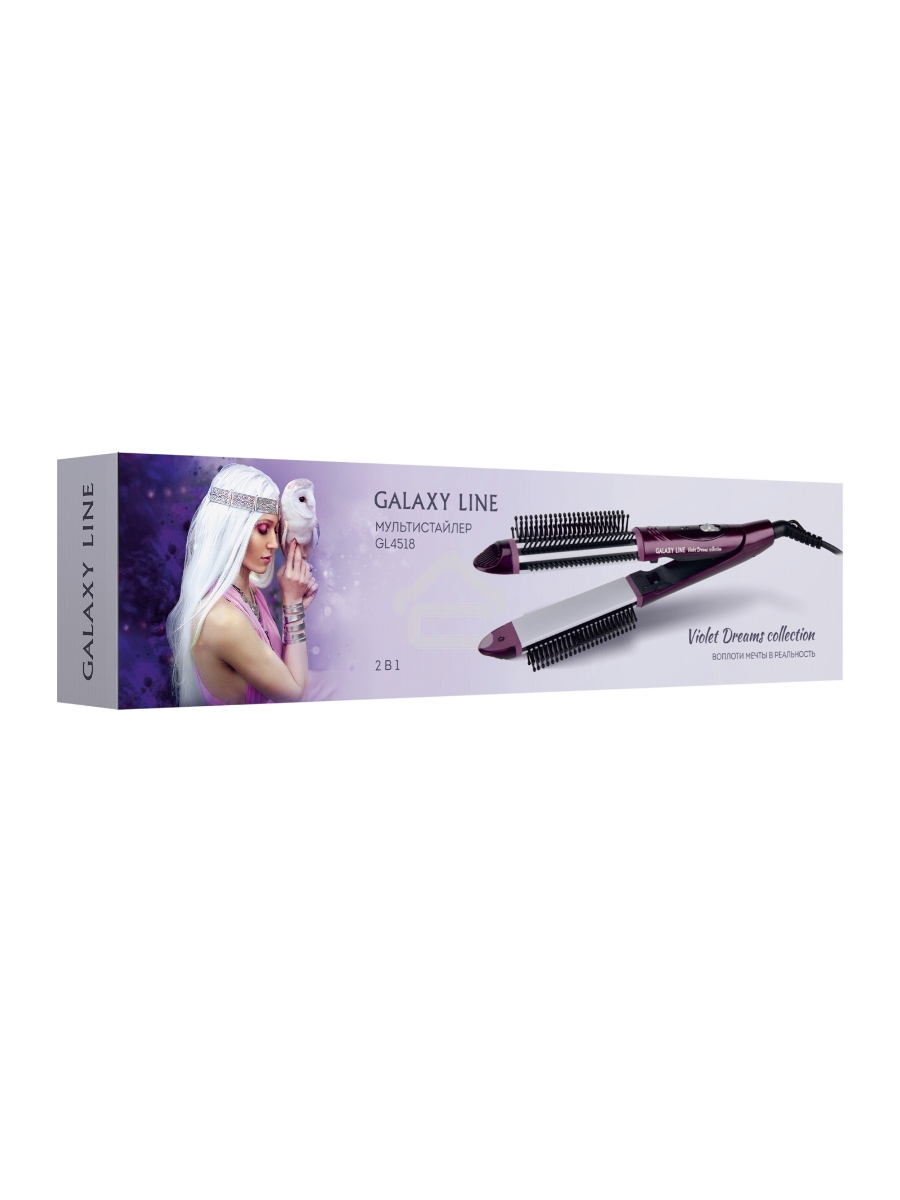 Мультистайлер Galaxy Line GL 4518, violet dreams, 60 Вт, двойное напряж. 110-240 В ~, переключатель режимов, фиксатор закрытого положения, максимальная температура 200°С, размеры пластин щипцов для выпрямления 100*28 мм, термоизолированный наконечник, диа