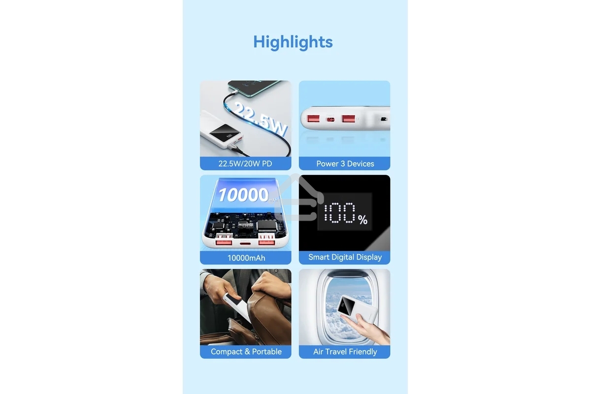 Портативный аккумулятор Vention 10000mAh(M/C-A/A)22.5W белый с LED Дисплеем